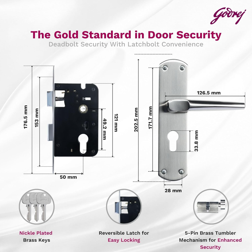Godrej Mortise Lock I Handle Set 1CK EM01 I Satin Steel Finish I 6-Lever Lock I Double Throw I 5